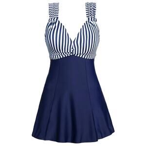 Summer Mae Women Navy Striped Swim Dress Tummy Control A-Line Skirt Swimsuit XXL